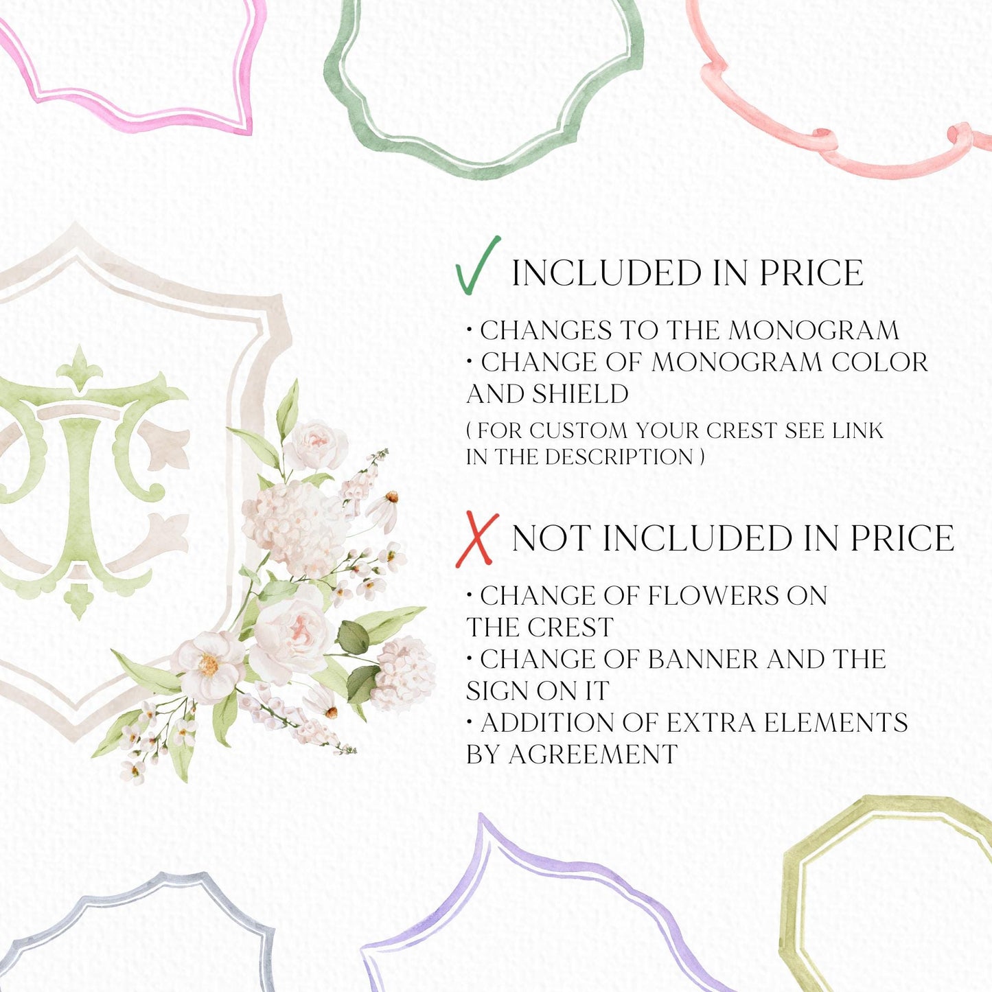 Hydrangea White Flower Wedding Crest - Monogram Crest - White Hydrangea Floral Luxury Watercolor Wedding Crest - Romantic Wedding Crest