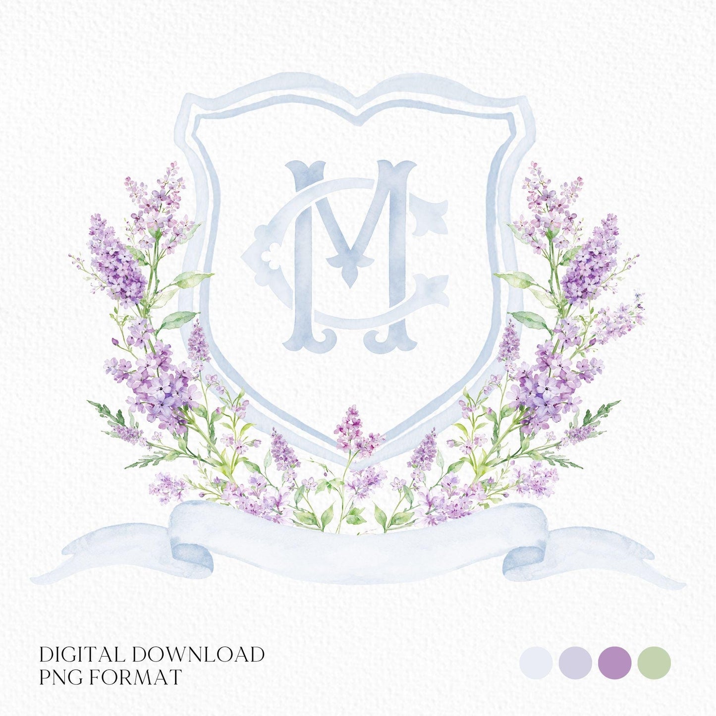 Lilac Lavender Purple Flower Wedding Crest - Monogram Crest - lavender purple Floral Luxury Watercolor Wedding Crest, Romantic Wedding Crest