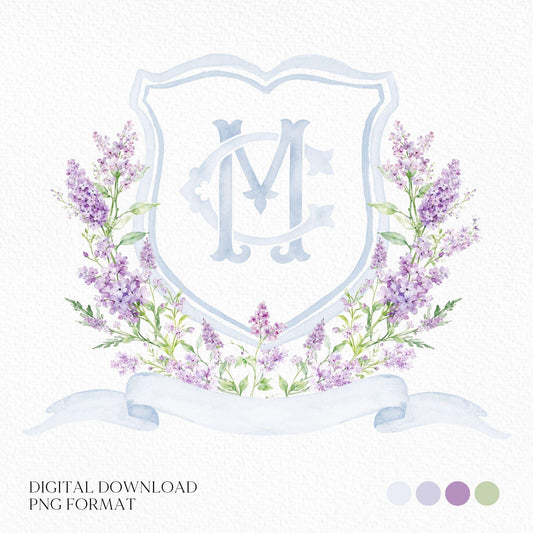 Lilac Lavender Purple Flower Wedding Crest - Monogram Crest - lavender purple Floral Luxury Watercolor Wedding Crest, Romantic Wedding Crest