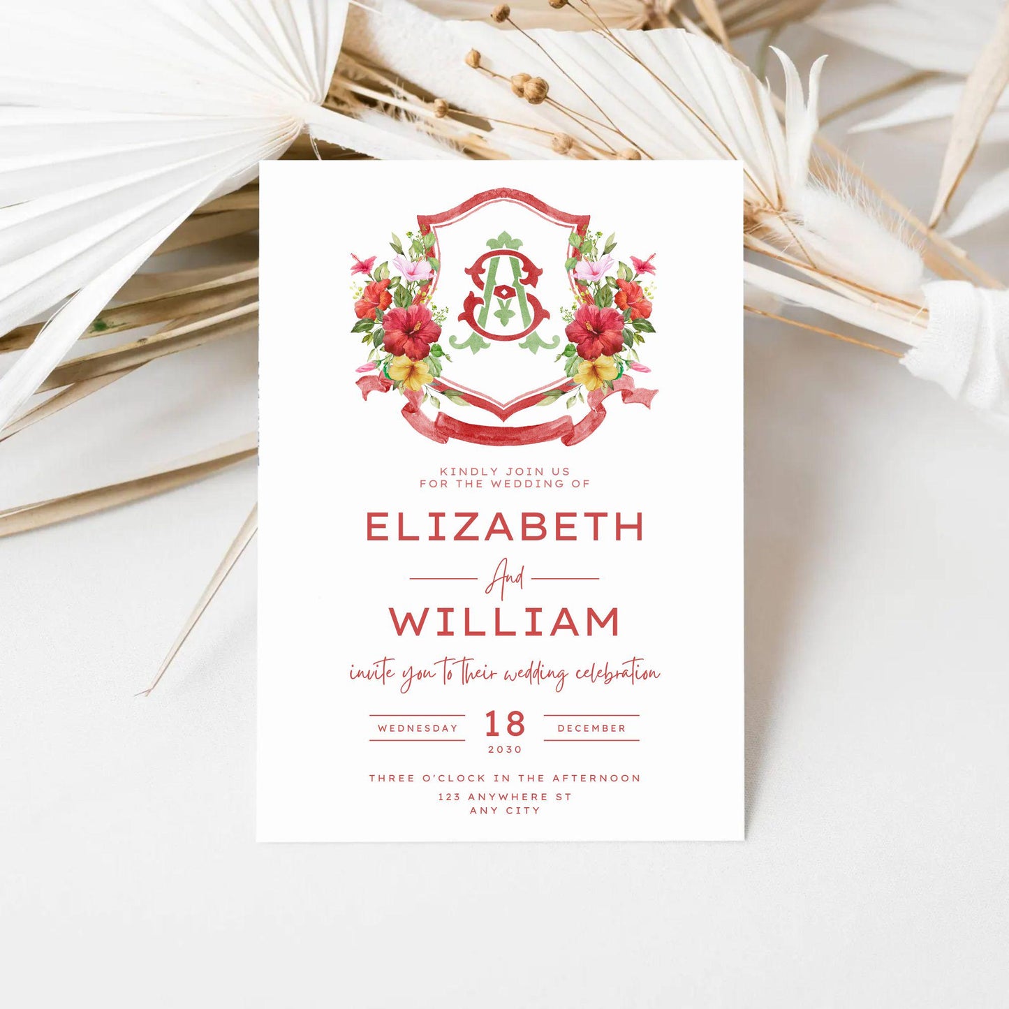Watercolor Hibiscus Flower Wedding Crest - Monogram Crest - tropical hibiscus Floral Watercolor Wedding Crest - Romantic Wedding Crest
