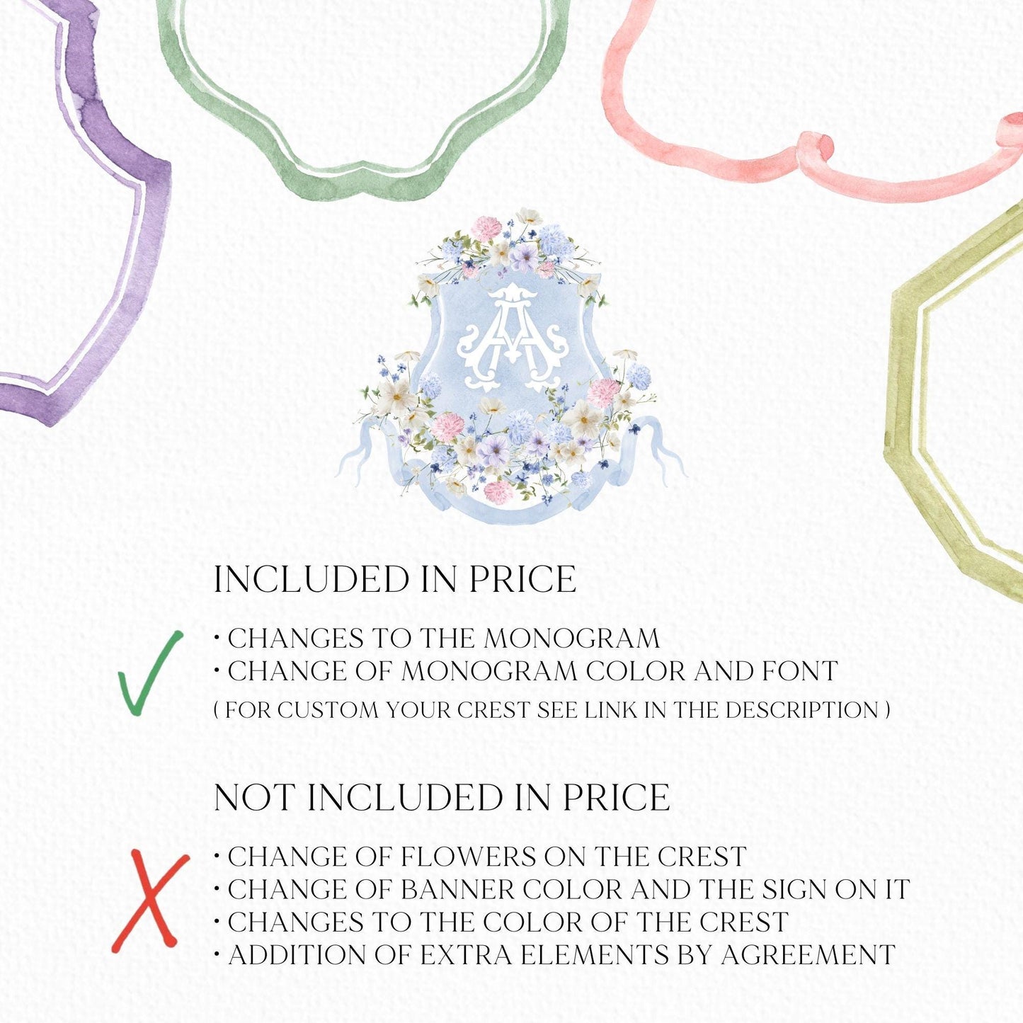 Wildflowers Bright Floral Colorful Watercolor Wedding Crest - Monogram Crest - Wildflowers Olivia Garden Flower Watercolor Wedding Crest