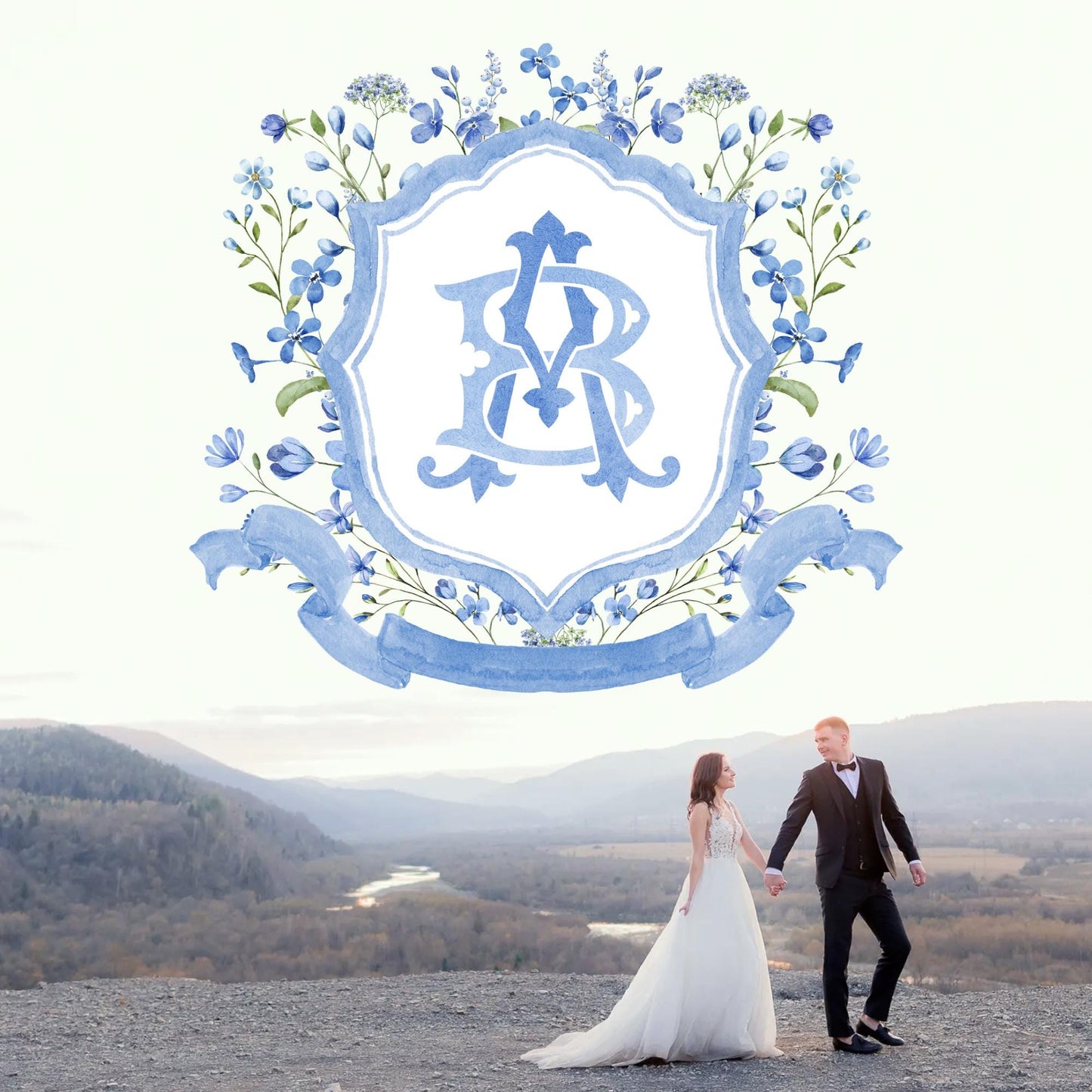 Blue WildFlower Wedding Crest - Monogram Crest - WildFlower Floral Luxury Watercolor Wedding Crest - Romantic Wedding Crest, Boho WildFlower