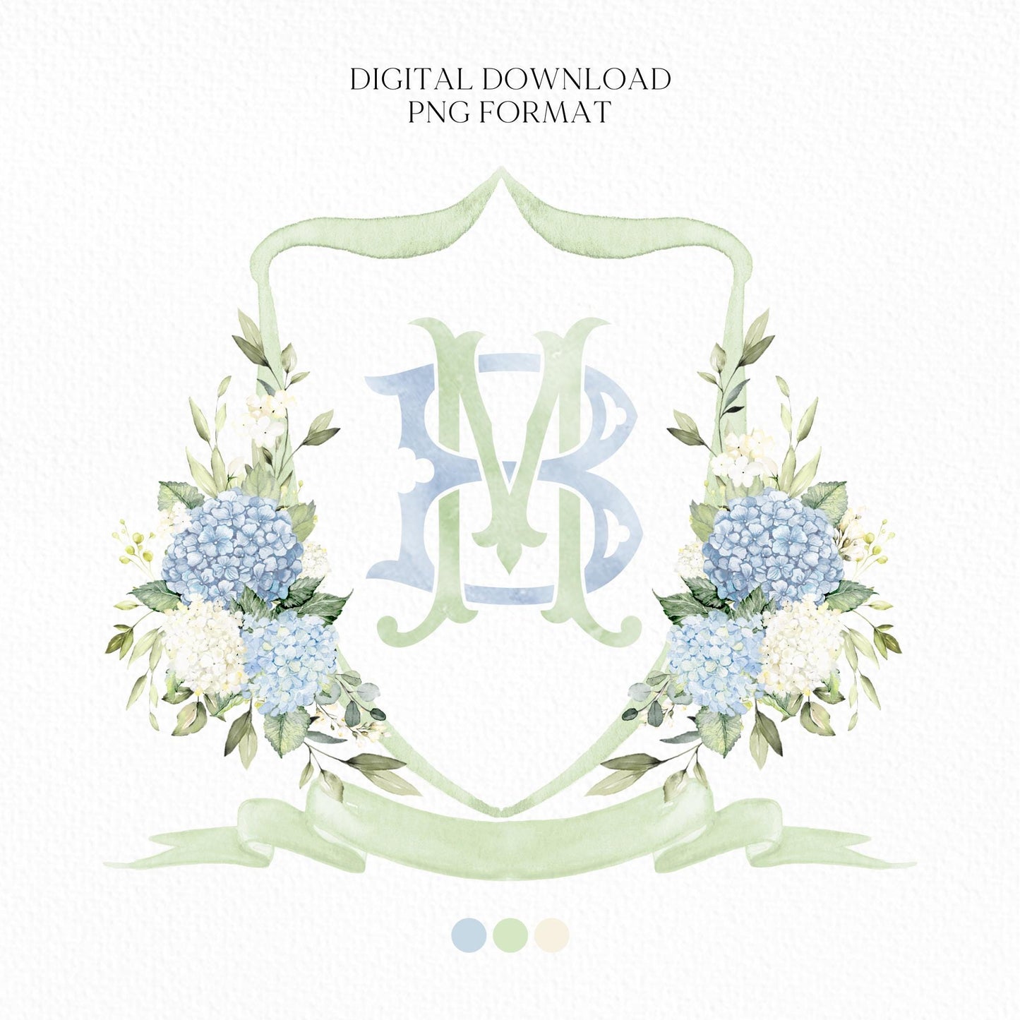 White Roses Hydrangea Flower Wedding Crest - Monogram Crest - Hydrangea Floral Luxury Watercolor Wedding Crest - Romantic Wedding Crest
