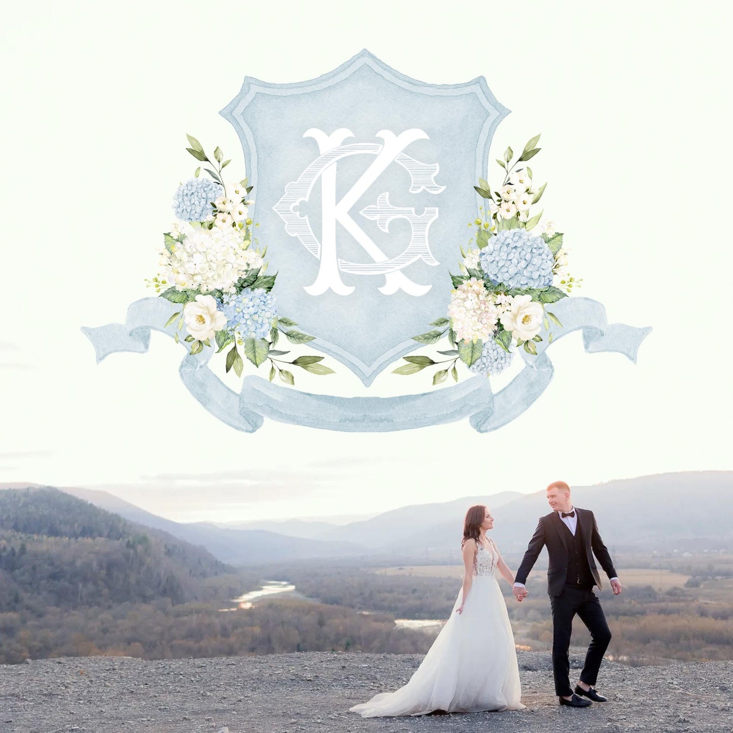 Hydrangea Flower Wedding Crest - Monogram Crest - Hydrangea Floral Luxury Watercolor Wedding Crest - Romantic Wedding Crest- Boho Hydrangea