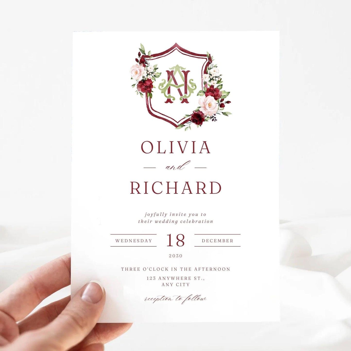 Marsala & Blush Pink Floral Rustic Greenery Flower Wedding Crest - Monogram Crest - Floral Watercolor Wedding Crest - Romantic Wedding Crest