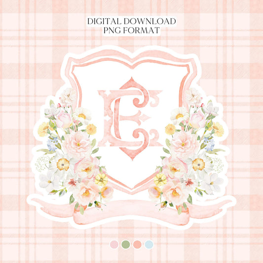 Wildflowers Bright Floral Colorful Watercolor Wedding Crest - Monogram Crest - Watercolor Blush and Pink Floral Watercolor Wedding Crest