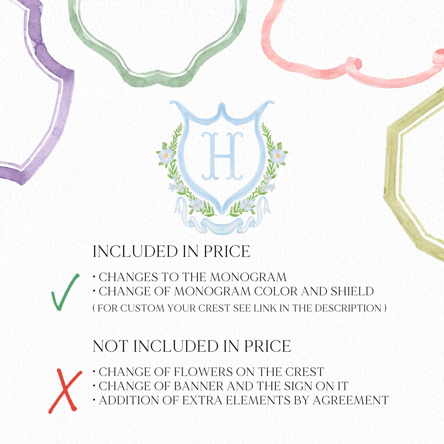 Watercolor Eucalyptus Light Blue Roses Flower Wedding Crest - Monogram Crest -  Luxury Watercolor Wedding Crest - Romantic Wedding Crest