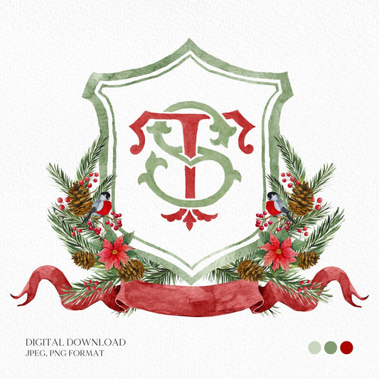 Custom Christmas Wedding Crest - Monogram Crest - Rose Hips Floral Watercolor Wedding Crest - Winter Christmas Wedding Crest - Winter Crest