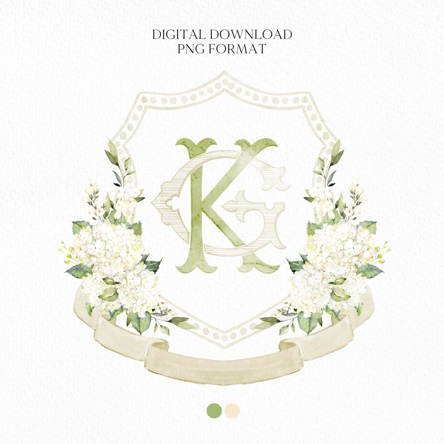 Hydrangea White Flower Wedding Crest - Monogram Crest - White Hydrangea Floral Luxury Watercolor Wedding Crest - Romantic Wedding Crest