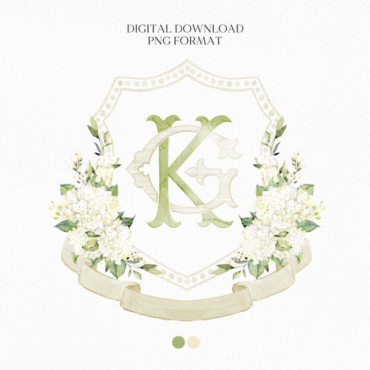 Hydrangea White Flower Wedding Crest - Monogram Crest - White Hydrangea Floral Luxury Watercolor Wedding Crest - Romantic Wedding Crest