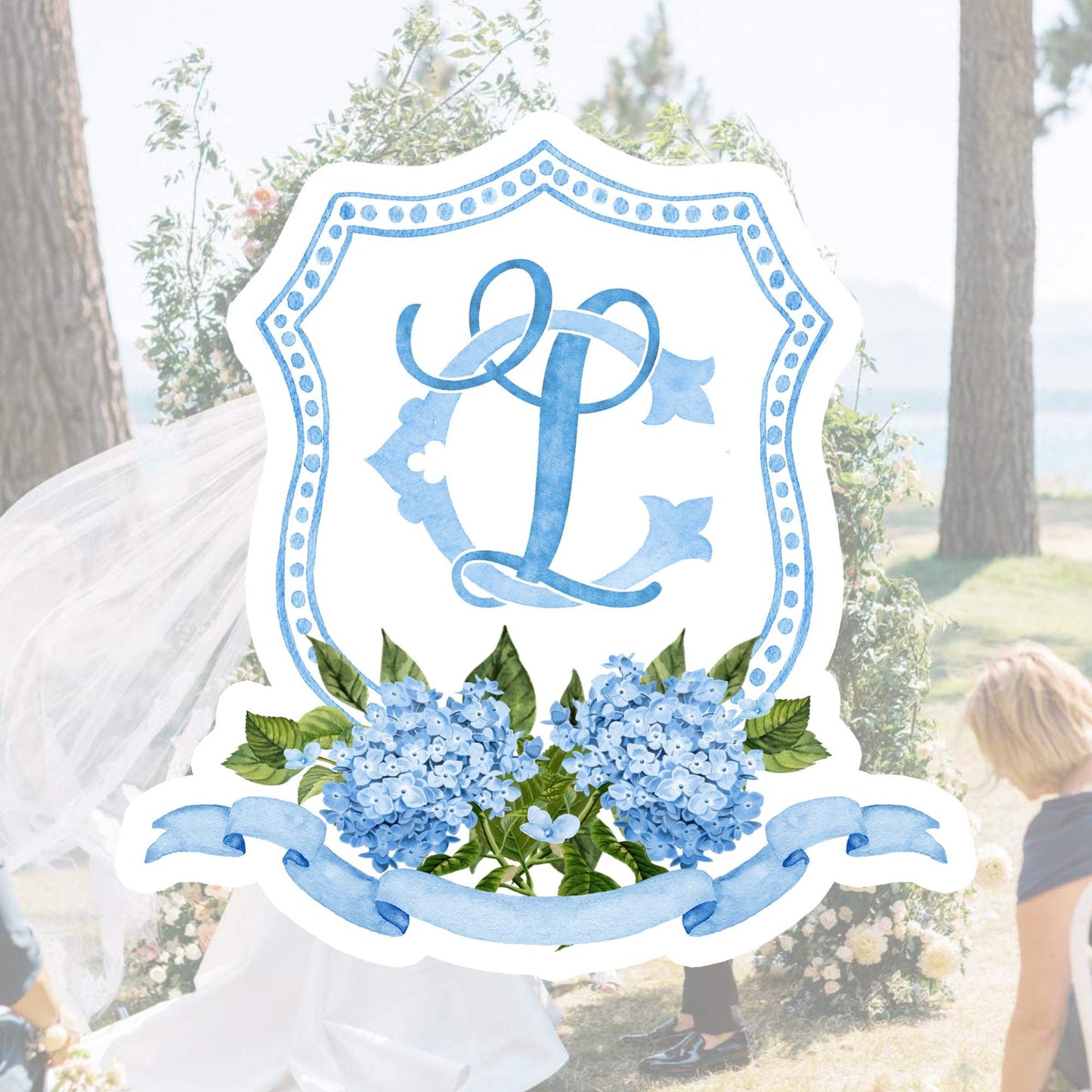 Blue Hydrangea Flower Wedding Crest - Monogram Crest - Hydrangea Floral Luxury Watercolor Wedding Crest - Romantic Wedding Crest