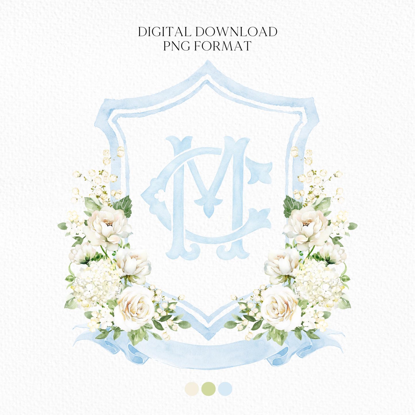 White Rose Greenery White Flower Wedding Crest - Monogram Crest - White Cream Roses flower Watercolor Wedding Crest - Romantic Wedding Crest