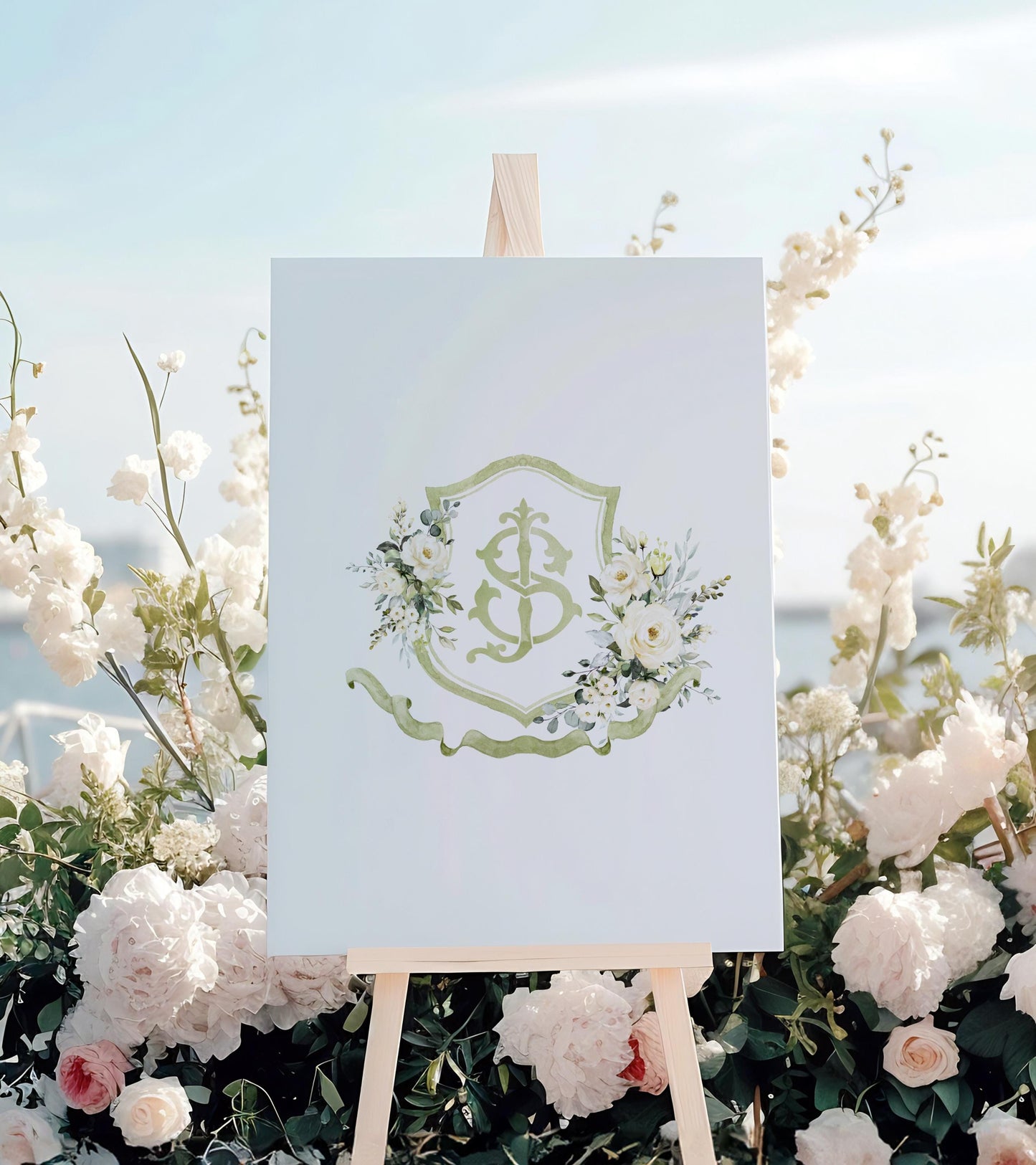 Creamy Rose Ivory Greenery Gold Flower Wedding Crest - Monogram Crest - Floral Luxury Watercolor Wedding Crest - Romantic Wedding Crest