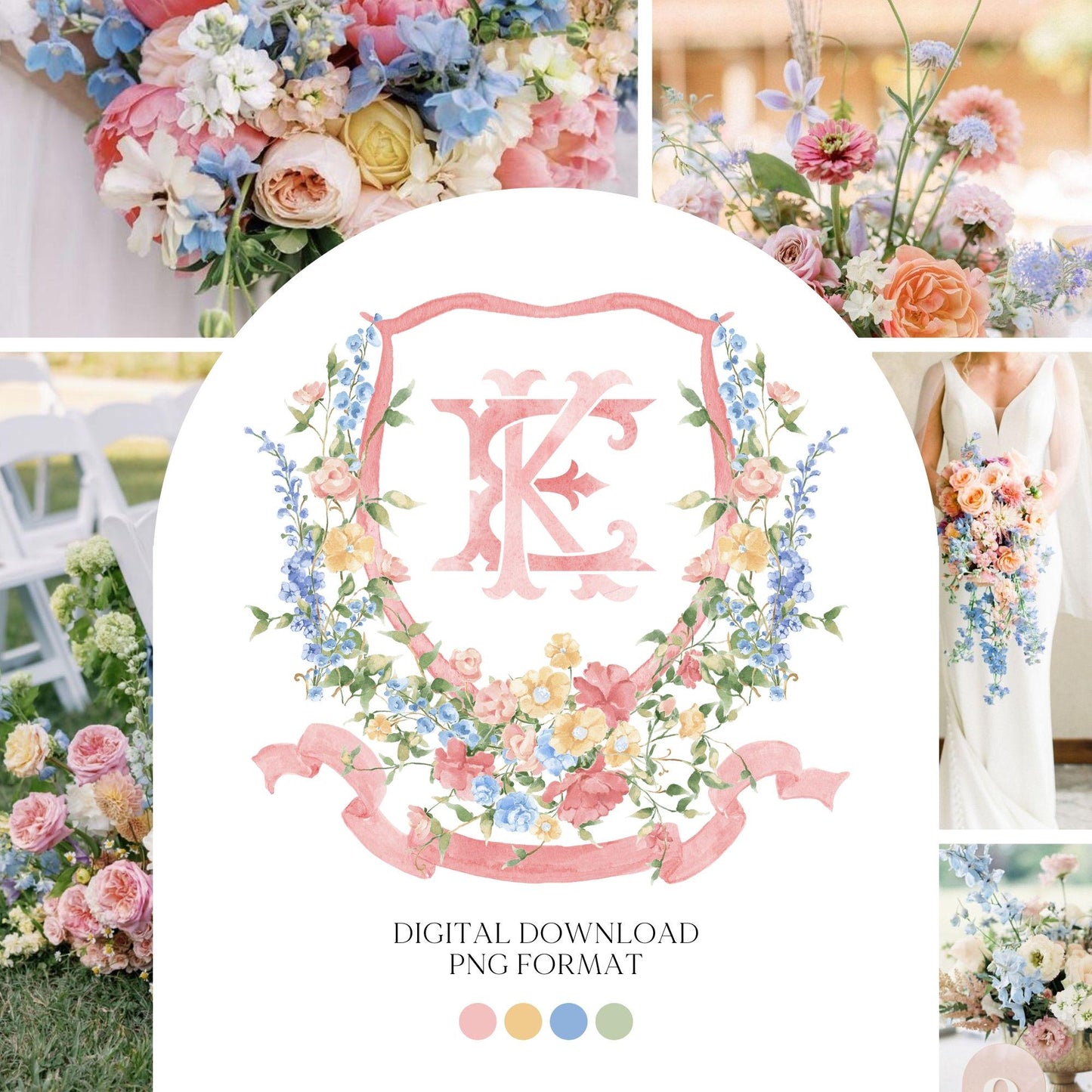 Wildflowers Pink Flower Garden Flowers Wedding Crest - Monogram Crest - Floral Luxury Watercolor Wedding Crest - Romantic Wedding Crest