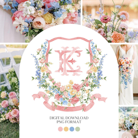 Wildflowers Pink Flower Garden Flowers Wedding Crest - Monogram Crest - Floral Luxury Watercolor Wedding Crest - Romantic Wedding Crest