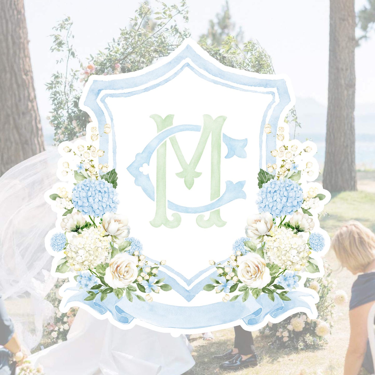 Blue Hydrangea Roses Flower Greenery Wedding Crest - Monogram Crest - White Cream Roses Floral
