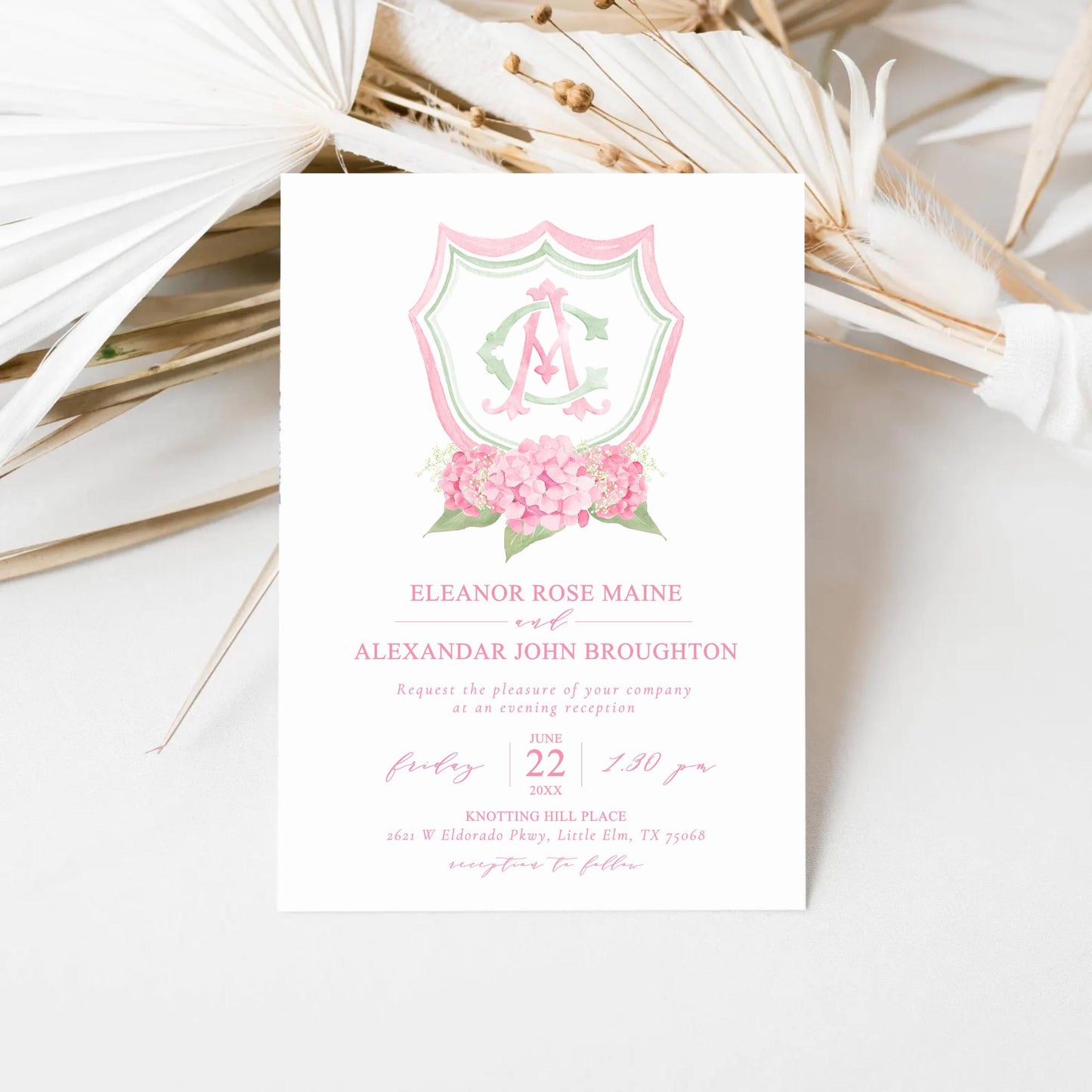 Hydrangea Pink Green Floral Wedding Crest - Monogram Crest - Green Baby's Breath Hydrangea Floral Luxury Watercolor Wedding Crest