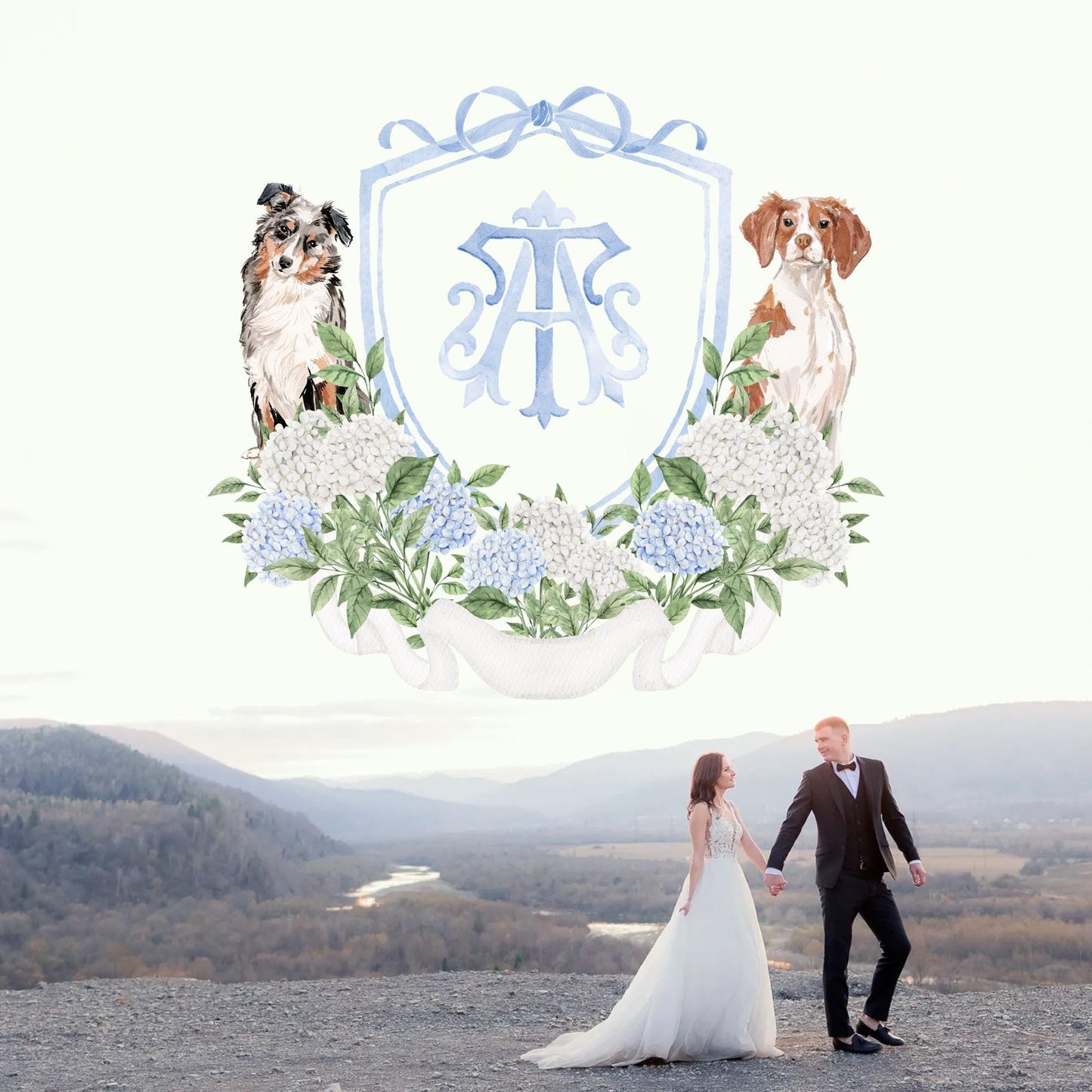 Blue White Hydrangea Flower Wedding Crest - Monogram Crest - Hydrangea Floral Luxury Watercolor Wedding Crest - Romantic Wedding Crest