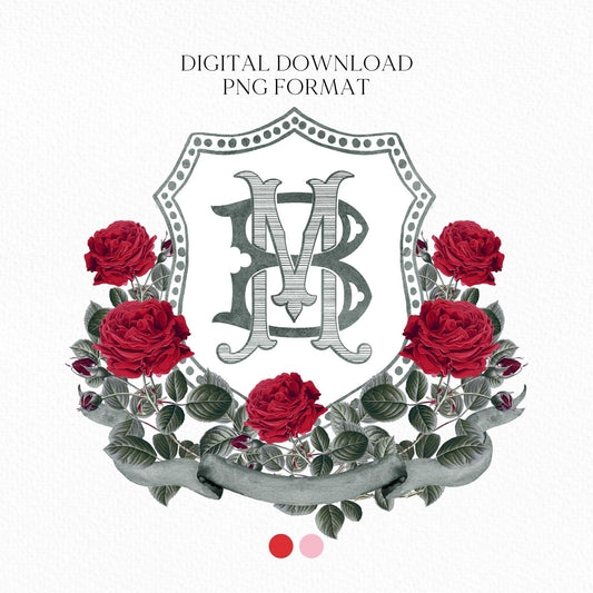 Red Roses Flower Wedding Crest - Monogram Crest - Roses Floral Luxury Watercolor Wedding Crest - Romantic Wedding Crest - Vintage Red Roses