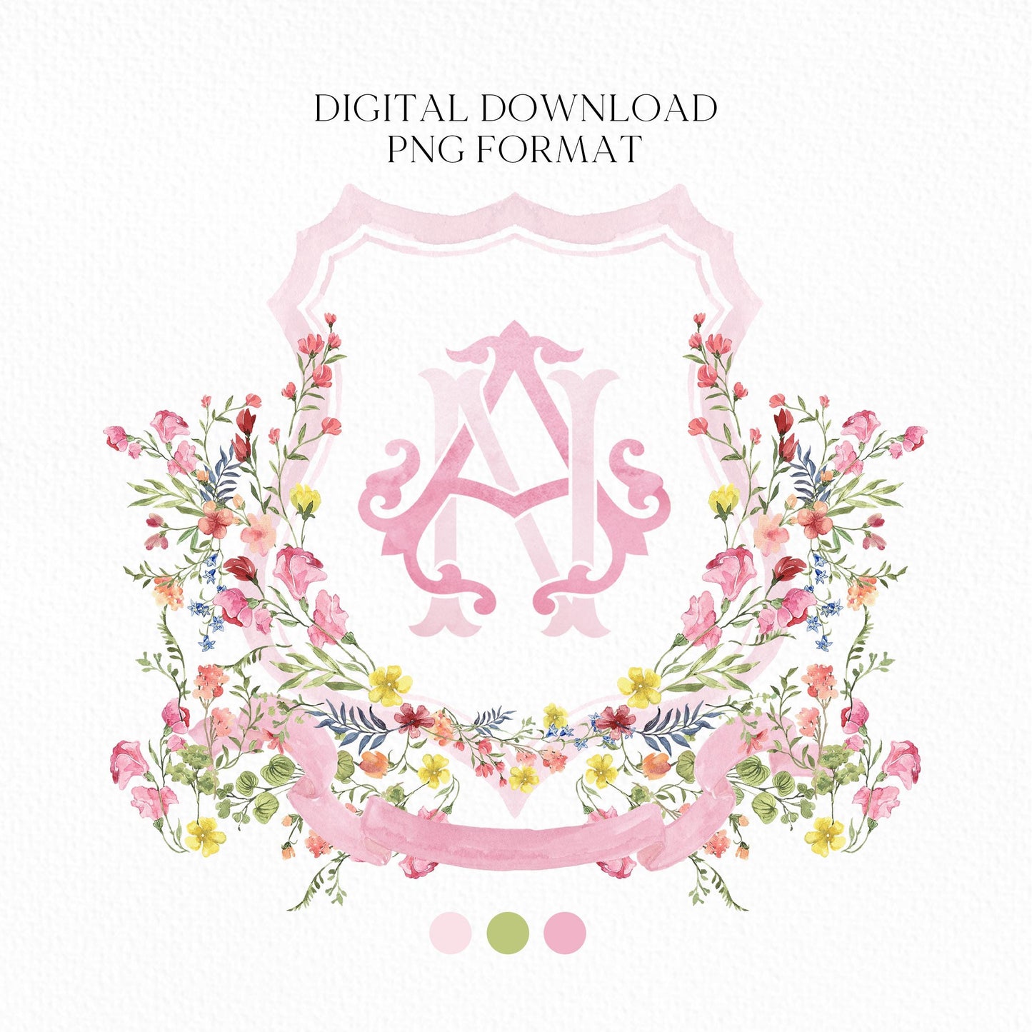Wildflower Pink Flower Wedding Crest - Monogram Crest - Floral Luxury Watercolor Wedding Crest - Romantic Wedding Crest