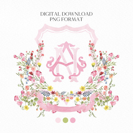 Wildflower Pink Flower Wedding Crest - Monogram Crest - Floral Luxury Watercolor Wedding Crest - Romantic Wedding Crest