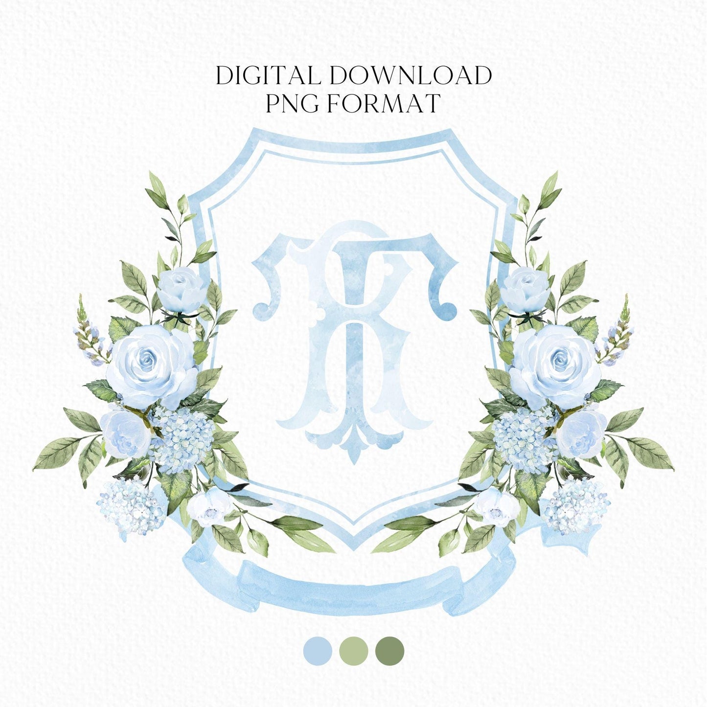 Baby Blue Roses Eucalyptus Flower Wedding Crest - Monogram Crest - Blue Floral Luxury Watercolor Wedding Crest - Romantic Wedding Crest
