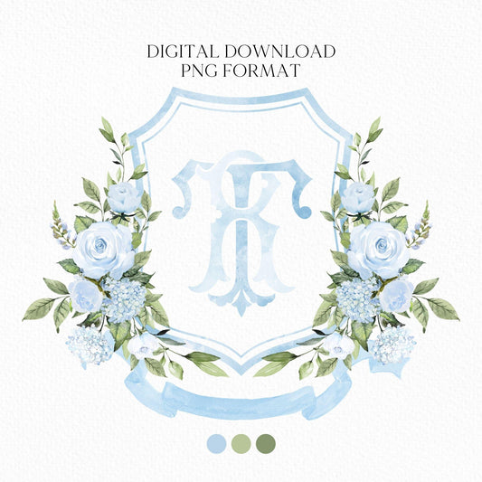 Baby Blue Roses Eucalyptus Flower Wedding Crest - Monogram Crest - Blue Floral Luxury Watercolor Wedding Crest - Romantic Wedding Crest