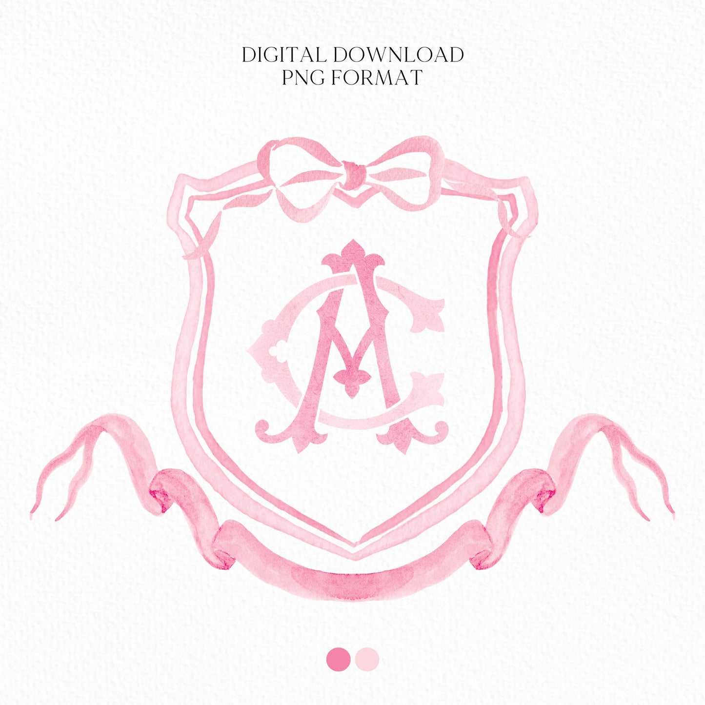 Pink Coquette Ribbon Bow Crest Wedding Crest - Monogram Crest - Pink Ribbon Bow Watercolor Wedding Crest Romantic Wedding Crest