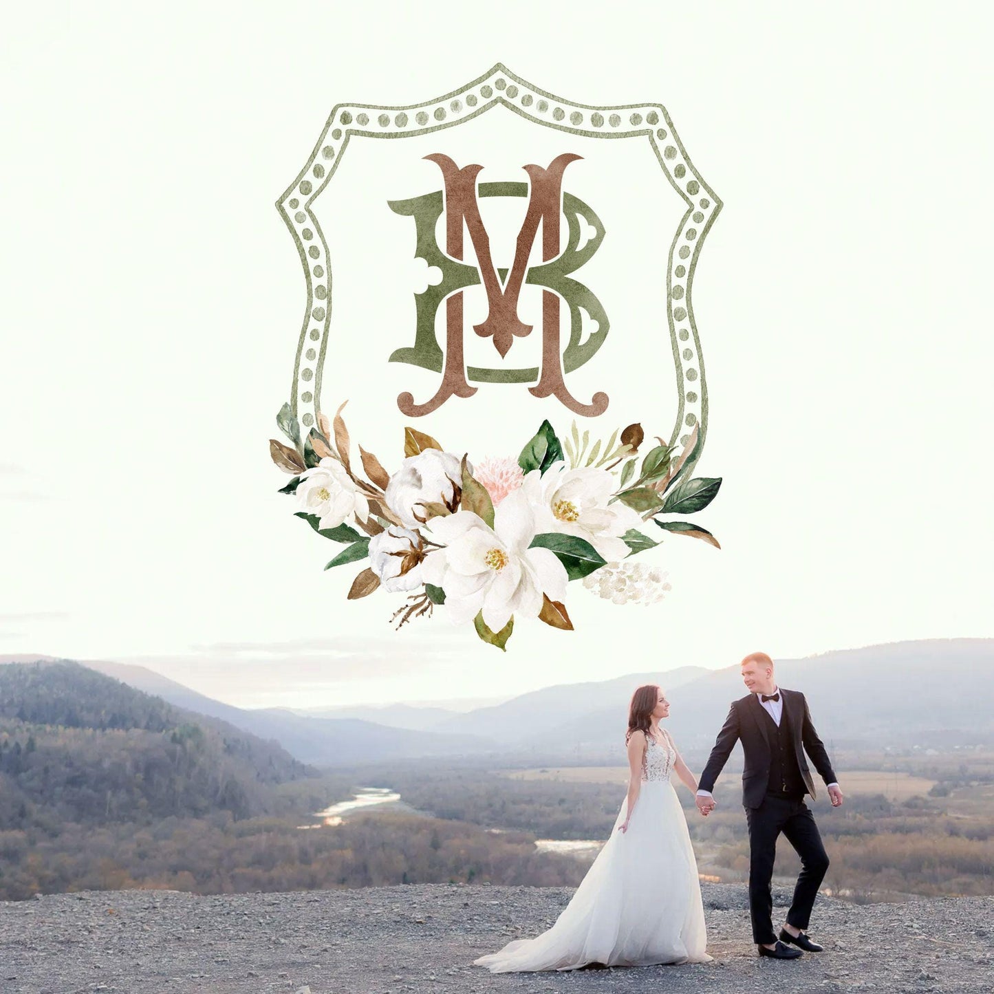 Magnolia Cotton Flower Watercolor Wedding Crest - Monogram Crest - Magnolia Floral Watercolor Wedding Crest - Romantic Wedding Crest