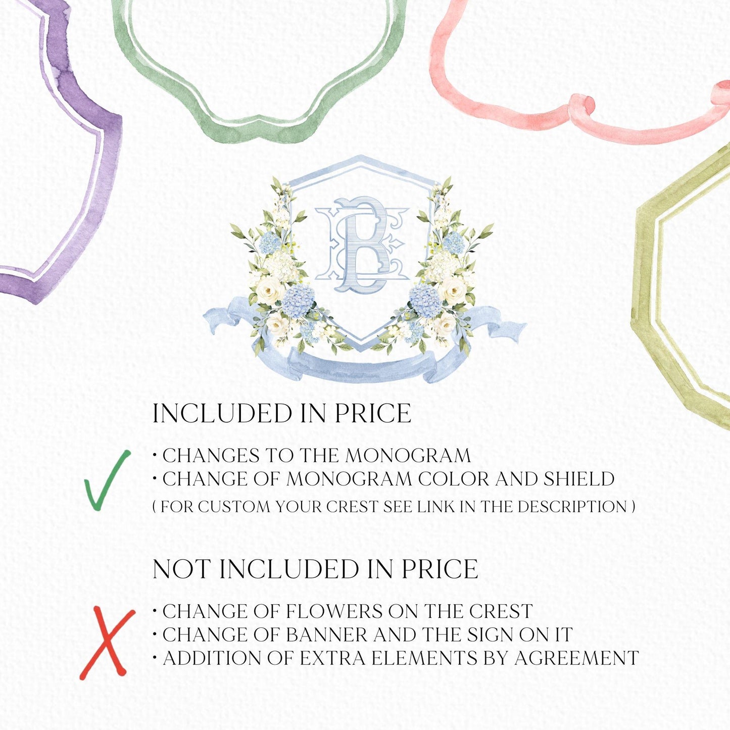 White Roses Hydrangea Flower Wedding Crest - Monogram Crest - Hydrangea Floral Luxury Watercolor Wedding Crest - Romantic Wedding Crest