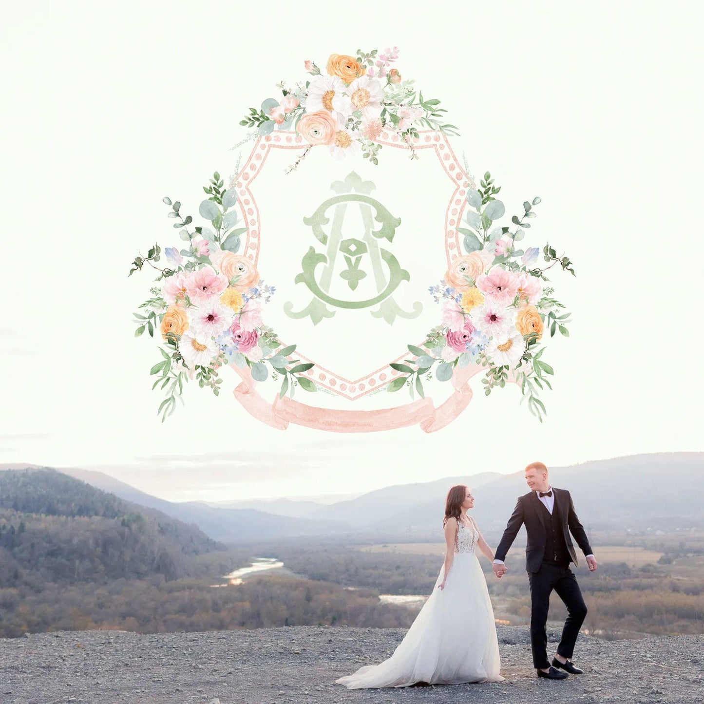 Wildflower Prink Spring Flower Wedding Crest - Monogram Crest - Wildflower bohemian Floral Watercolor Wedding Crest - Romantic Wedding Crest