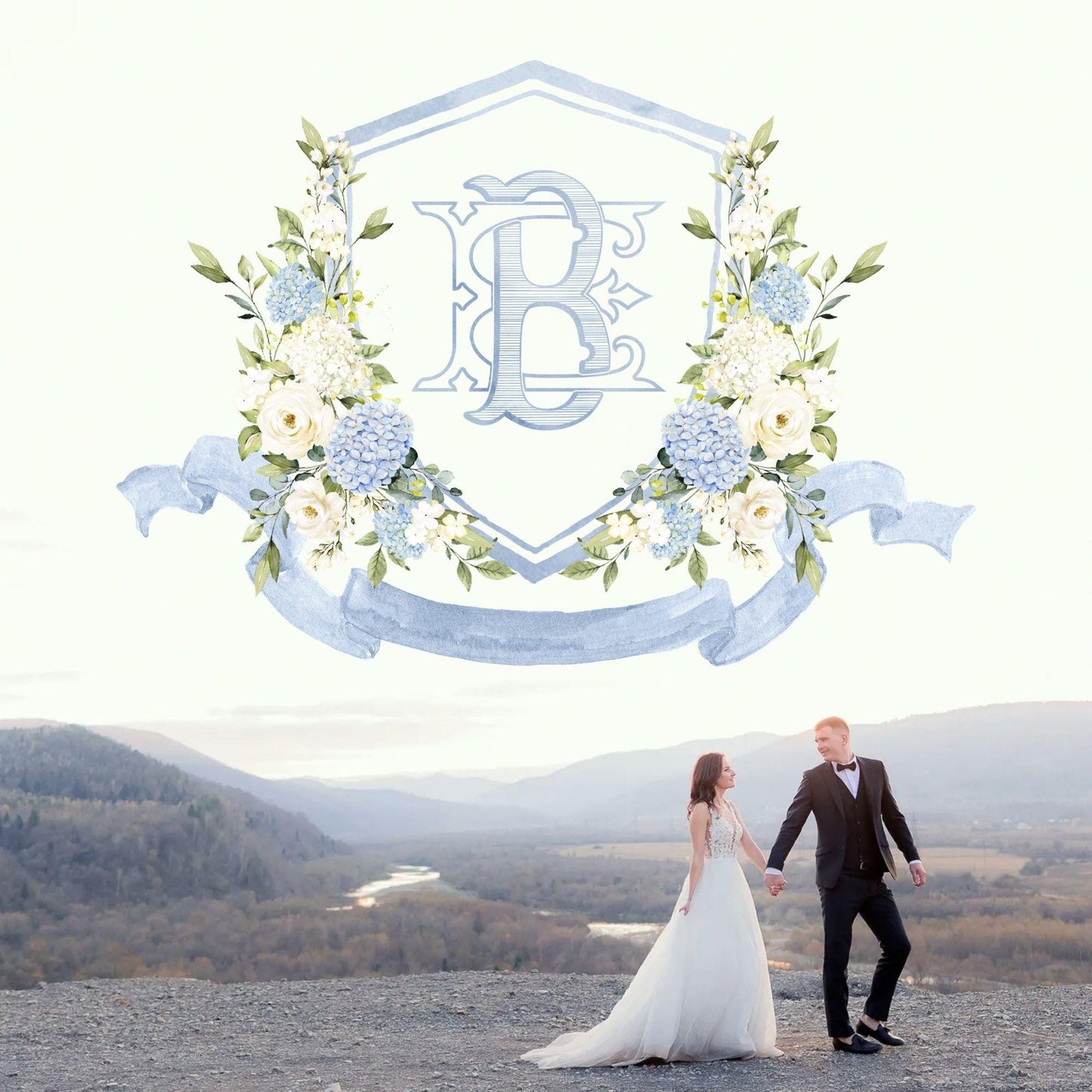 White Roses Hydrangea Flower Wedding Crest - Monogram Crest - Hydrangea Floral Luxury Watercolor Wedding Crest - Romantic Wedding Crest