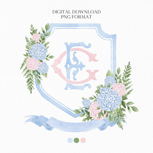 Blue Pink Hydrangea Flower Wedding Crest - Monogram Crest - Eucalyptus Greenery Hydrangea Floral Luxury Watercolor Wedding Crest