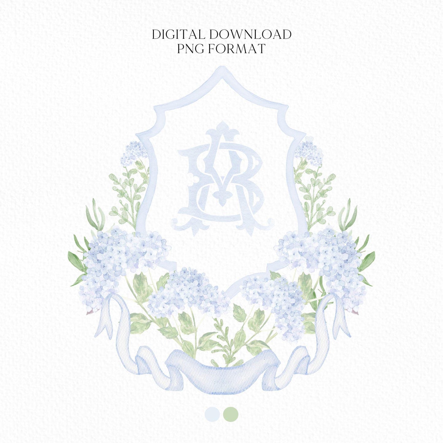 Light Blue Hydrangea Flower Wedding Crest - Monogram Crest - Hydrangea Floral Luxury Watercolor Wedding Crest - Romantic Wedding Crest