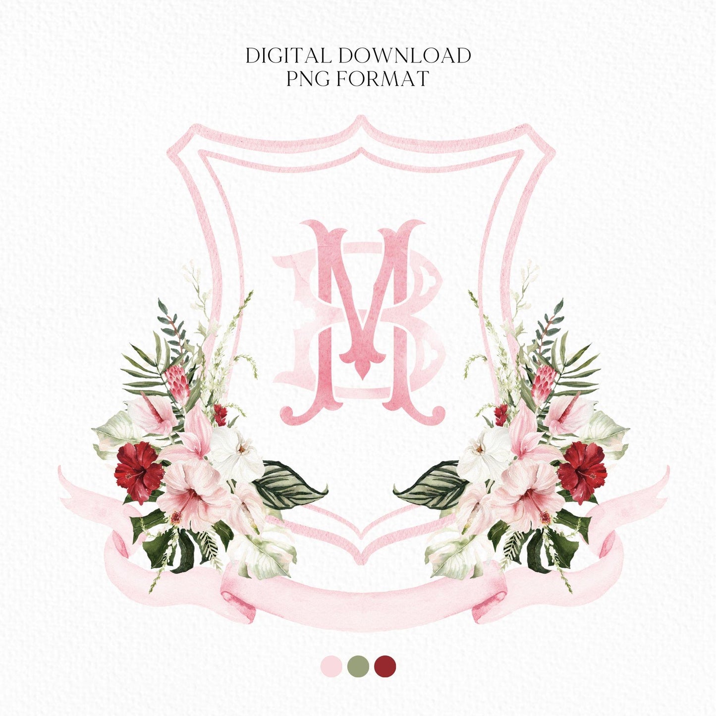 Jungle Bridal Watercolor Flowers Wedding Crest - Monogram Crest - Summer Tropical Watercolor Wedding Crest - Romantic Wedding Crest