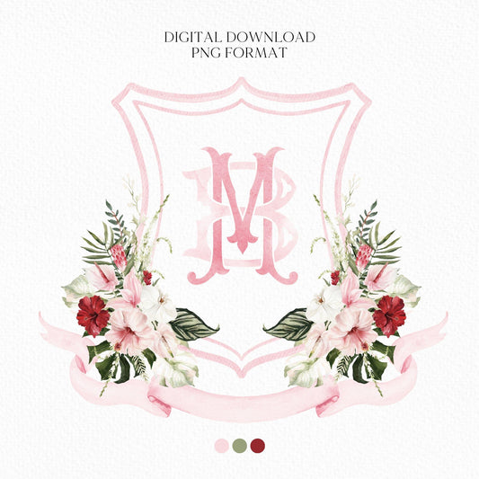 Jungle Bridal Watercolor Flowers Wedding Crest - Monogram Crest - Summer Tropical Watercolor Wedding Crest - Romantic Wedding Crest