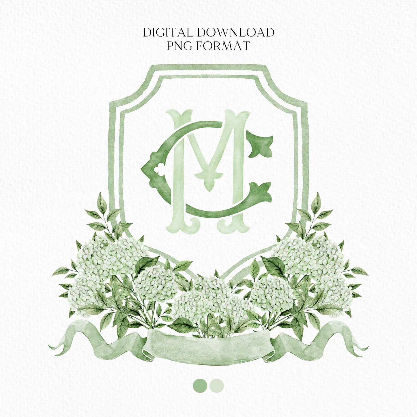 Green Hydrangea Flower Wedding Crest - Monogram Crest - Hydrangea White Floral Luxury Watercolor Wedding Crest - Romantic Wedding Crest