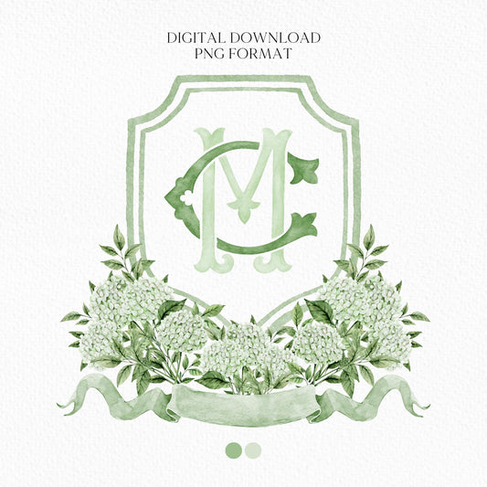Green Hydrangea Flower Wedding Crest - Monogram Crest - Hydrangea White Floral Luxury Watercolor Wedding Crest - Romantic Wedding Crest