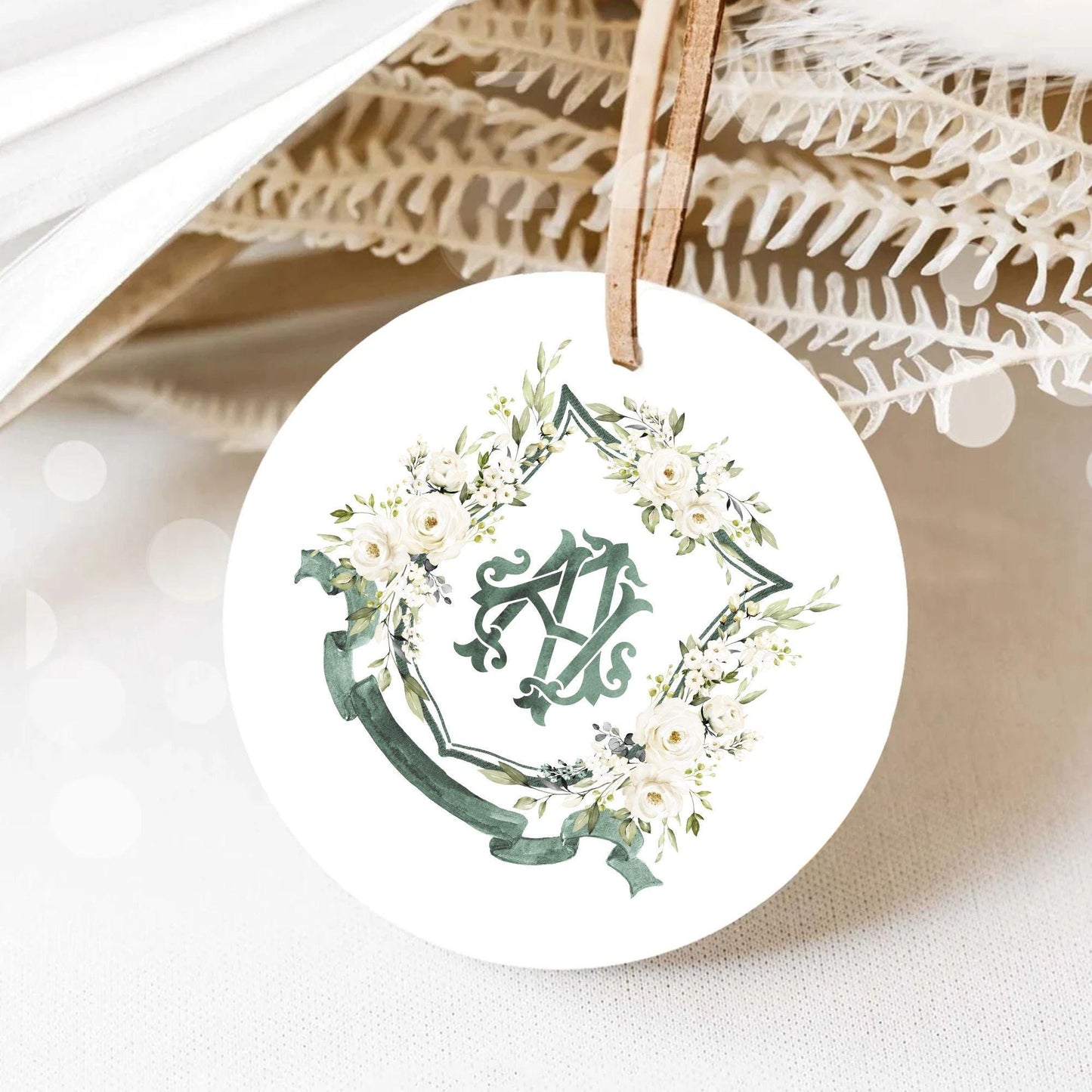 Creamy Rose Ivory Greenery White Flower Wedding Crest - Monogram Crest - White Floral Watercolor Wedding Crest - Romantic Wedding Crest