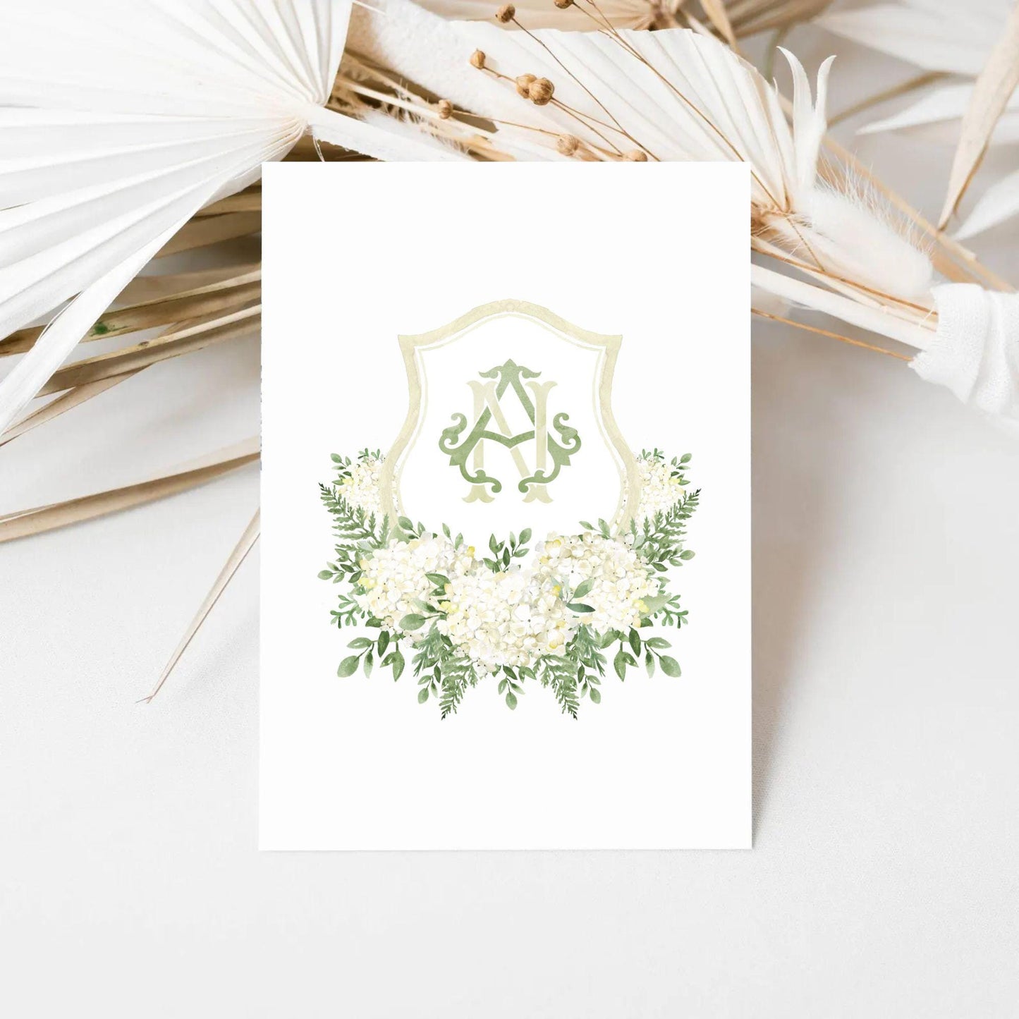 White Hydrangea Flower Greenery Wedding Crest - Monogram Crest - Hydrangea Floral Luxury Watercolor Wedding Crest - Romantic Wedding Crest