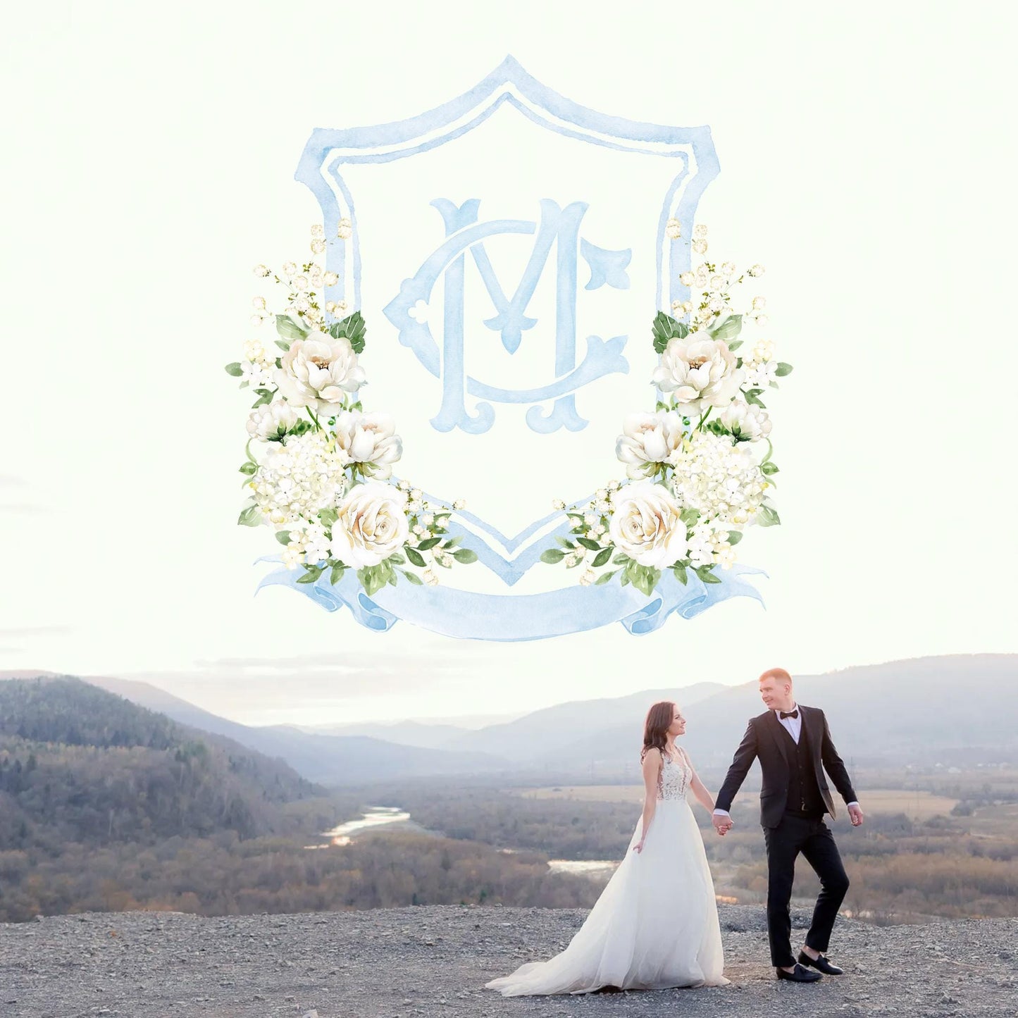White Rose Greenery White Flower Wedding Crest - Monogram Crest - White Cream Roses flower Watercolor Wedding Crest - Romantic Wedding Crest