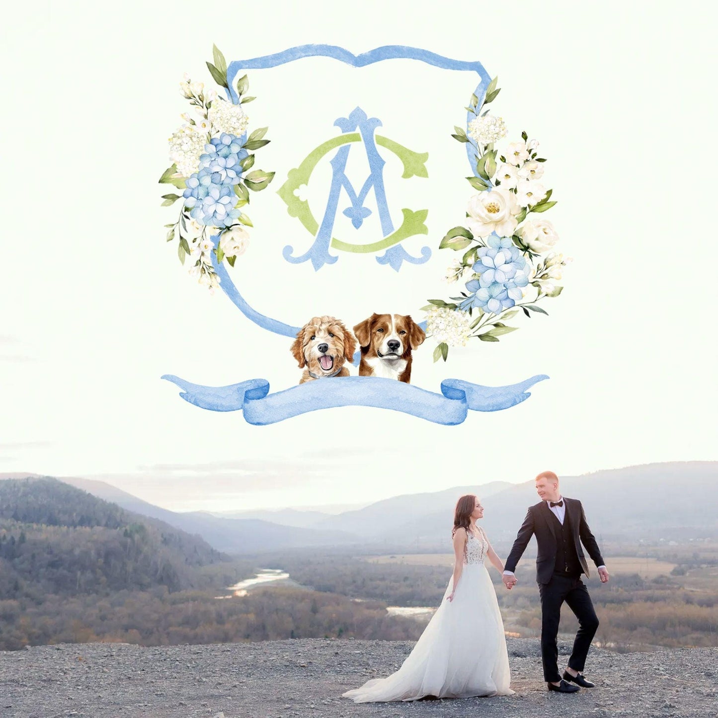 Hydrangea Flower Wedding Crest - Monogram Crest - Hydrangea Floral Luxury Watercolor Wedding Crest - Romantic Wedding Crest- Boho Hydrangea