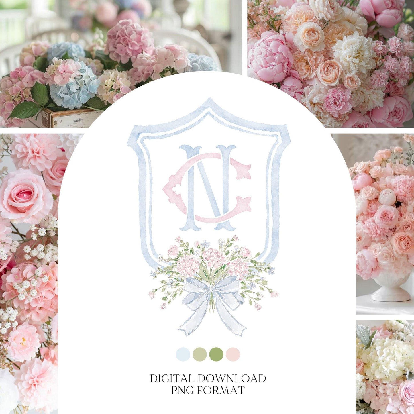 Hydrangea Pink Green Floral Wedding Crest - Monogram Crest - Green Baby's Breath Hydrangea Floral Luxury Watercolor Wedding Crest