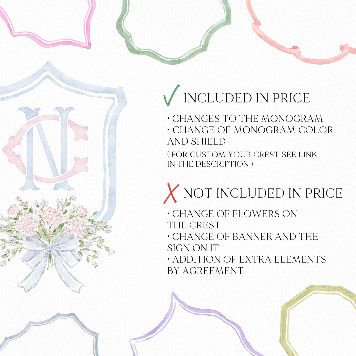 Hydrangea Pink Green Floral Wedding Crest - Monogram Crest - Green Baby's Breath Hydrangea Floral Luxury Watercolor Wedding Crest