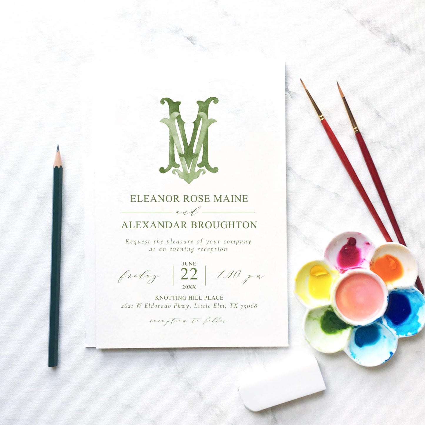 Watercolor Wedding Monogram MV – Classic Initial Crest (Digital Download)