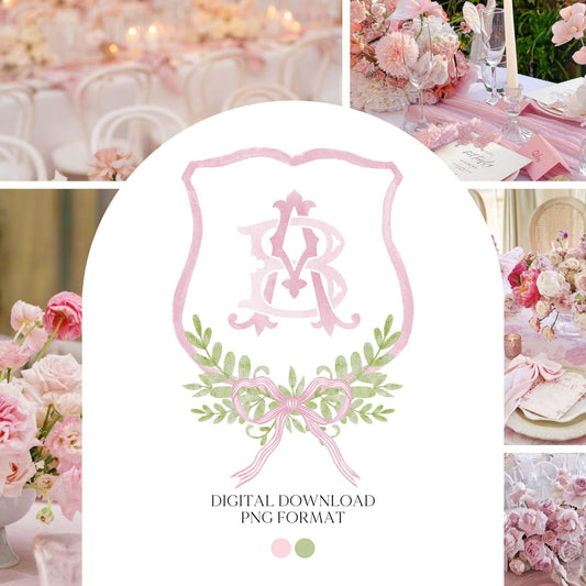 Pink Coquette Ribbon Bow Crest Wedding Crest - Monogram Crest - Pink Ribbon Bow Watercolor Wedding Crest Romantic Wedding Crest