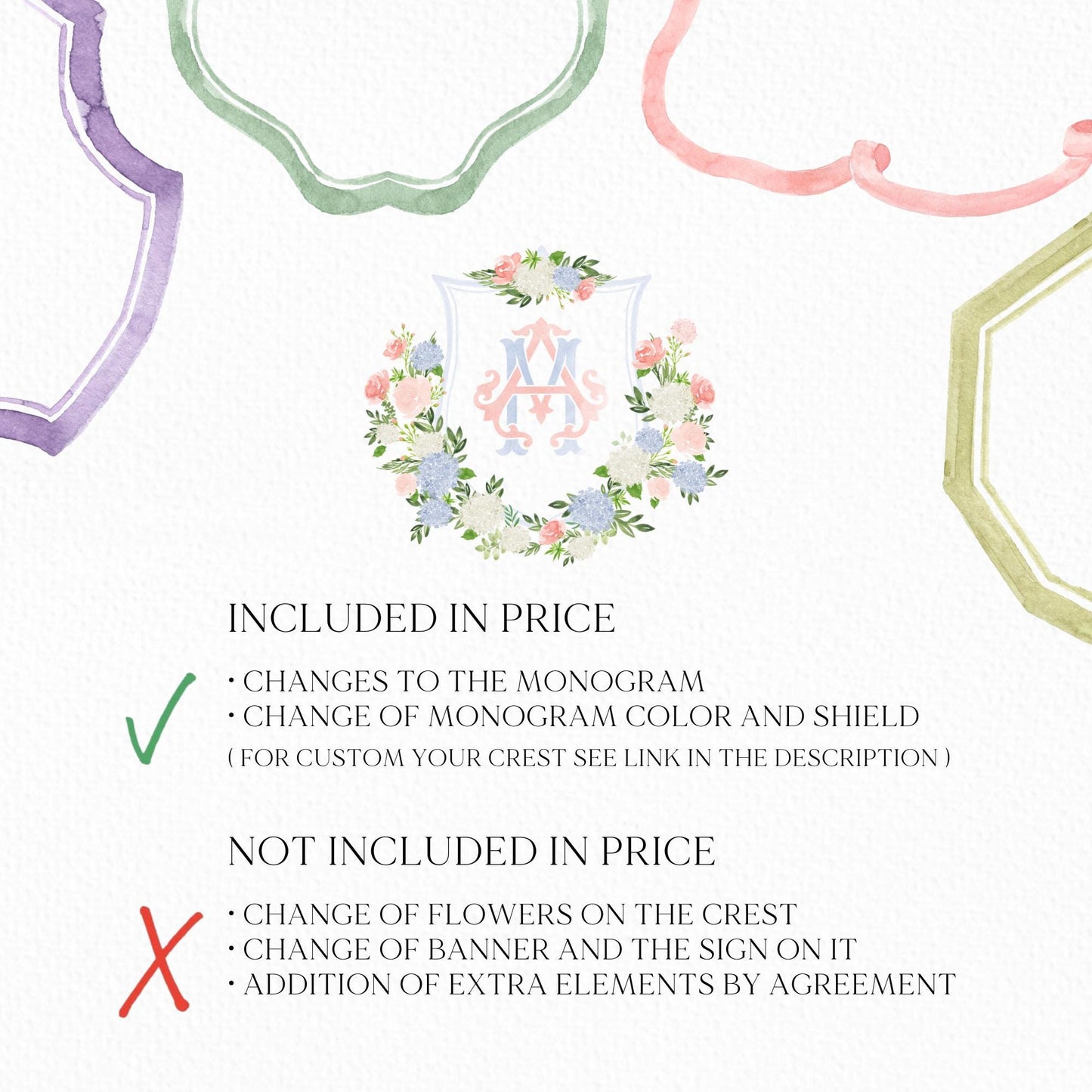 Blue Hydrangea Blush Peony Flower Wedding Crest - Monogram Crest - Floral Luxury Watercolor Wedding Crest - Romantic Wedding Crest