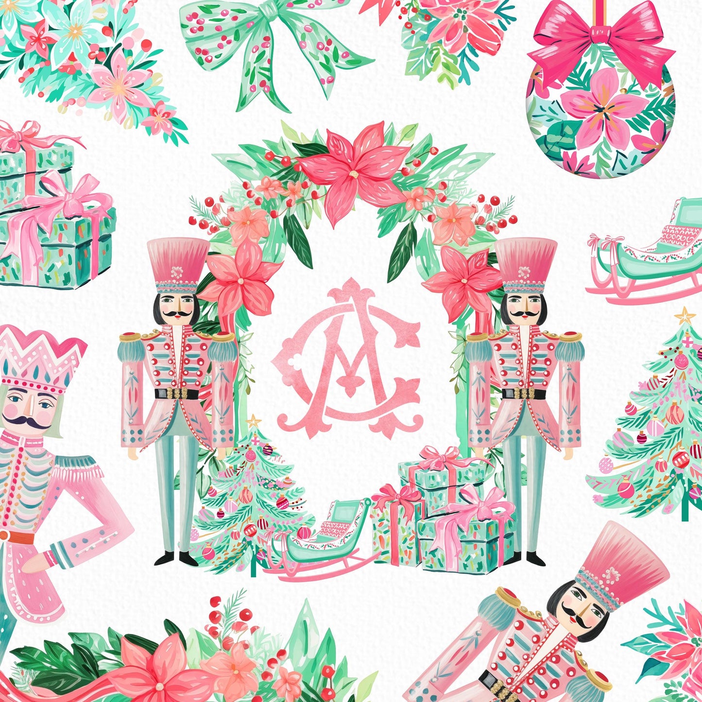 Nutcracker Pastel Christmas Crest - Monogram Crest - Christmas Watercolor Crest DIY - Luxury Watercolor Wedding Crest - Nutcracker Christmas