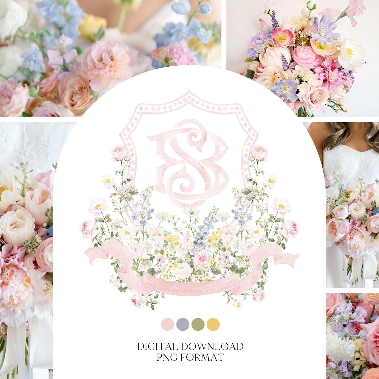 Pastel Wildflowers Light Pink Watercolor Wedding Crest - Monogram Crest - Floral Watercolor Wedding Crest - Romantic Wedding Crest