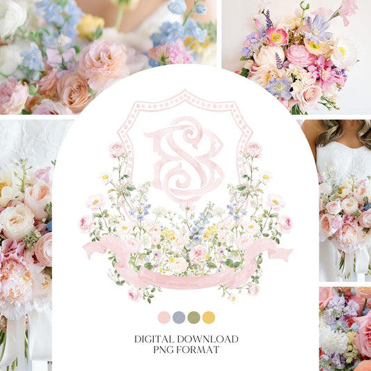 Pastel Wildflowers Light Pink Watercolor Wedding Crest - Monogram Crest - Floral Watercolor Wedding Crest - Romantic Wedding Crest